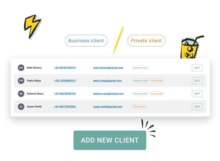 Gather your client's data in the same place Screenshot from Elevento's application illustrating lists of client's names, phone numbers and e-mail addresses