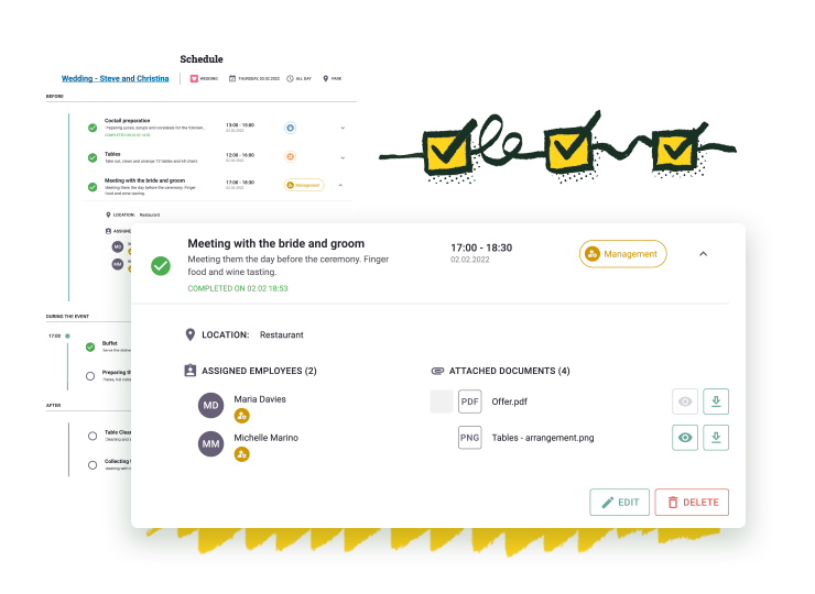 Assign tasks to your team Screenshot from Elevento's application illustrating list of tasks and names