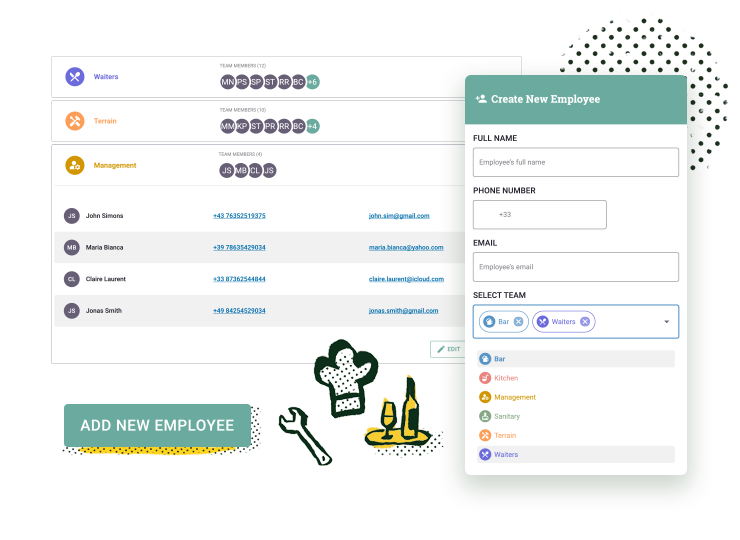 Manage employees and teams Screenshot from Elevento's application illustrating list of teams, employee names, phone numbers and e-mail addresses