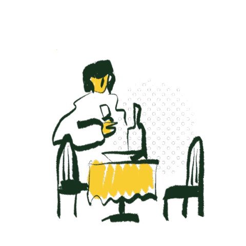 Venue owners convert new visitors into regular guests. Drawing of a person holding a glass beside a table and two chairs